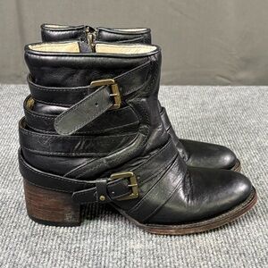 Freebird by Steven Estes Moto Harness Boots Women 7 Leather Buckle Ankle Black